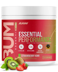 RAW Essential Performance pre-workout powder bottle with strawberry kiwi flavor for steady non-stim energy.