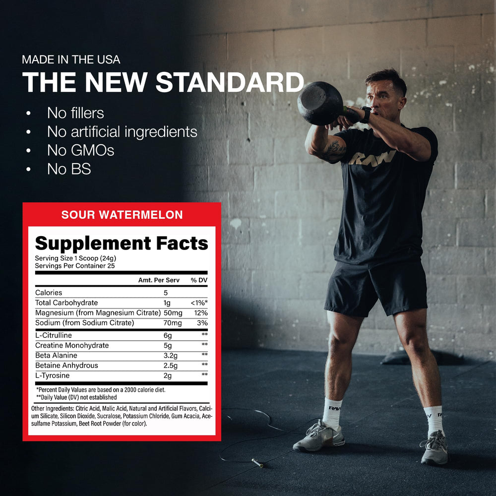 RAW Essential Performance USA-made label underscores pure, high-quality nutrition.