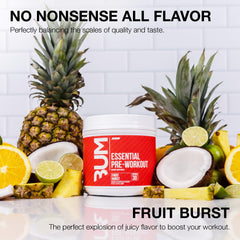 RAW Essential Pre-Workout Fruit Burst glass with powder mix ready for intense sessions