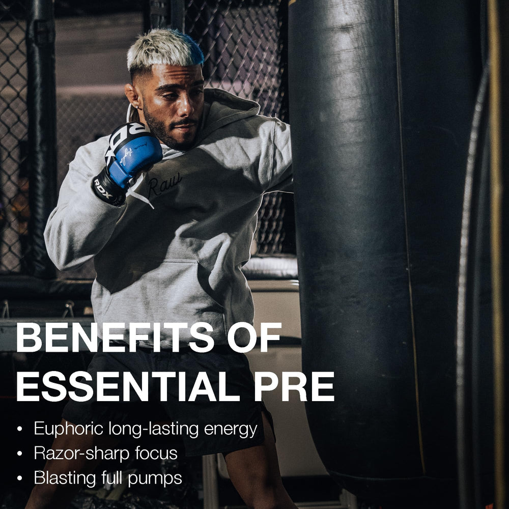 RAW Essential Pre-Workout Fruit Burst ingredients emphasize no artificial additives for clean energy
