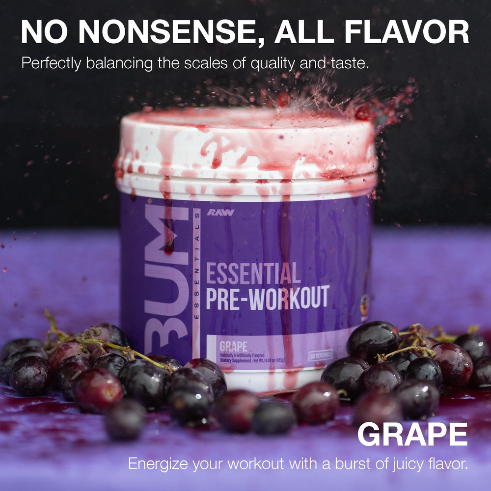 RAW Essential Pre-Workout grape powder dissolving into water for a smooth drink.
