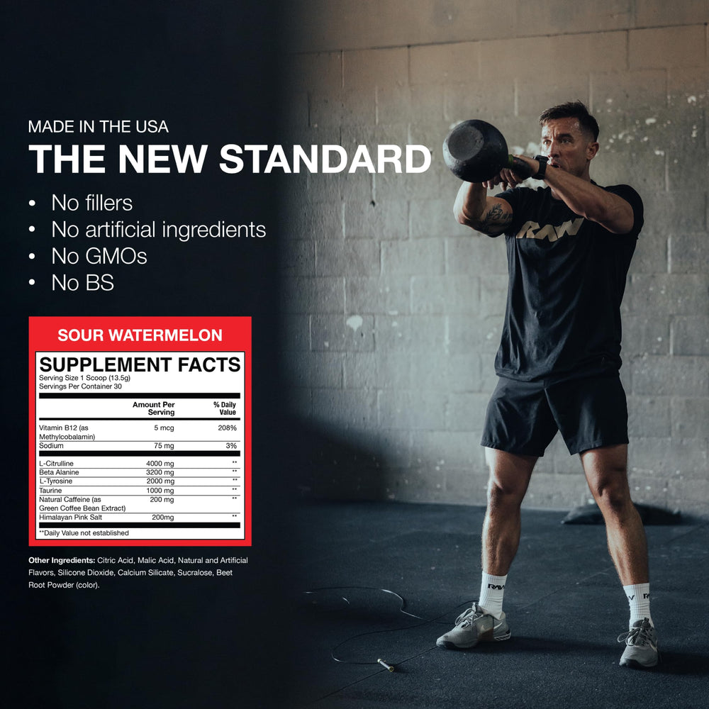 RAW Essential Pre-Workout ingredients label highlights caffeine and L-Citrulline.