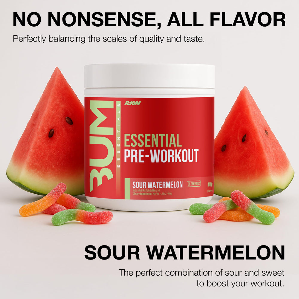 RAW Essential Pre-Workout scoop shows precise serving for pumps and endurance.