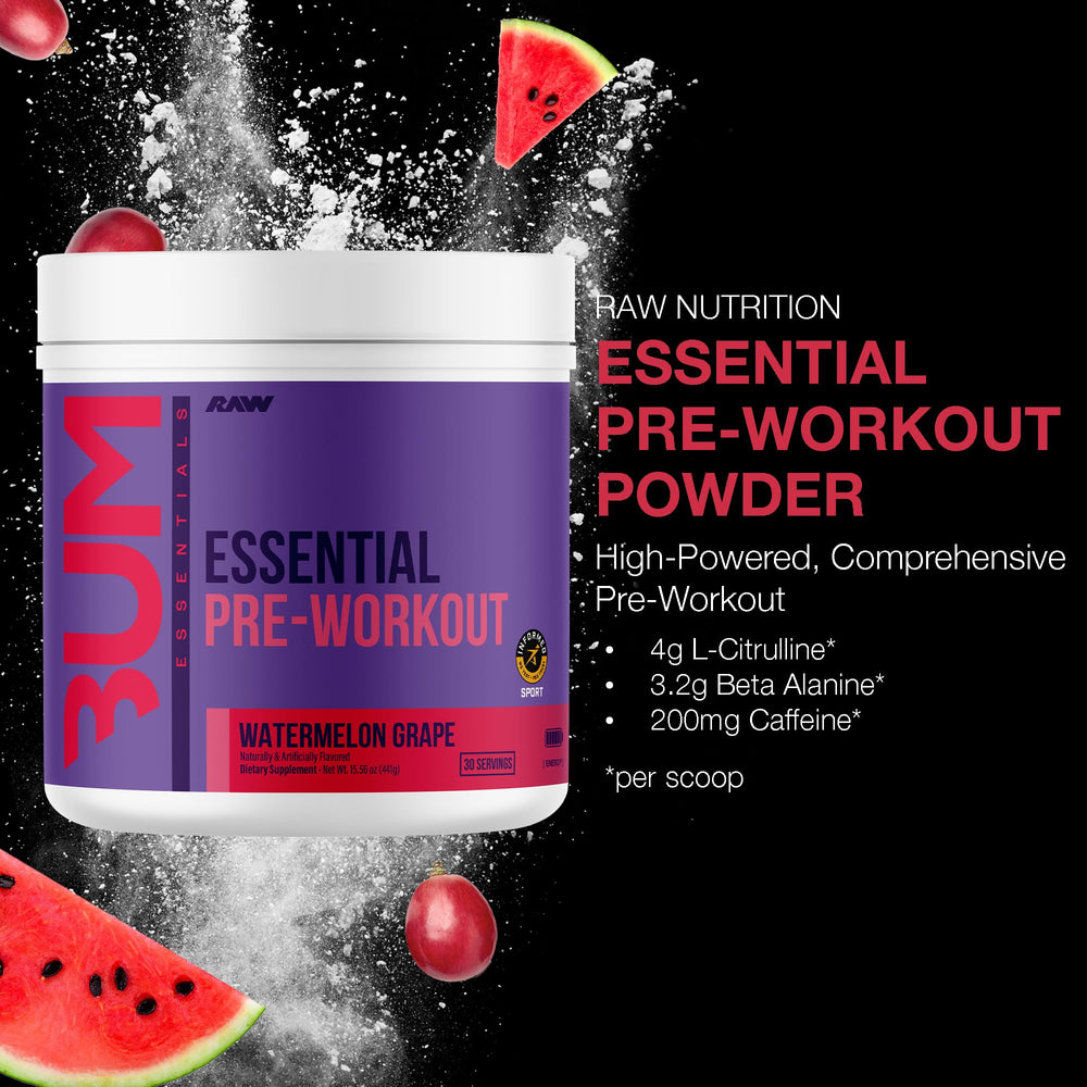 RAW Essential Pre-Workout scoop inside the tub ready for a quick workout boost