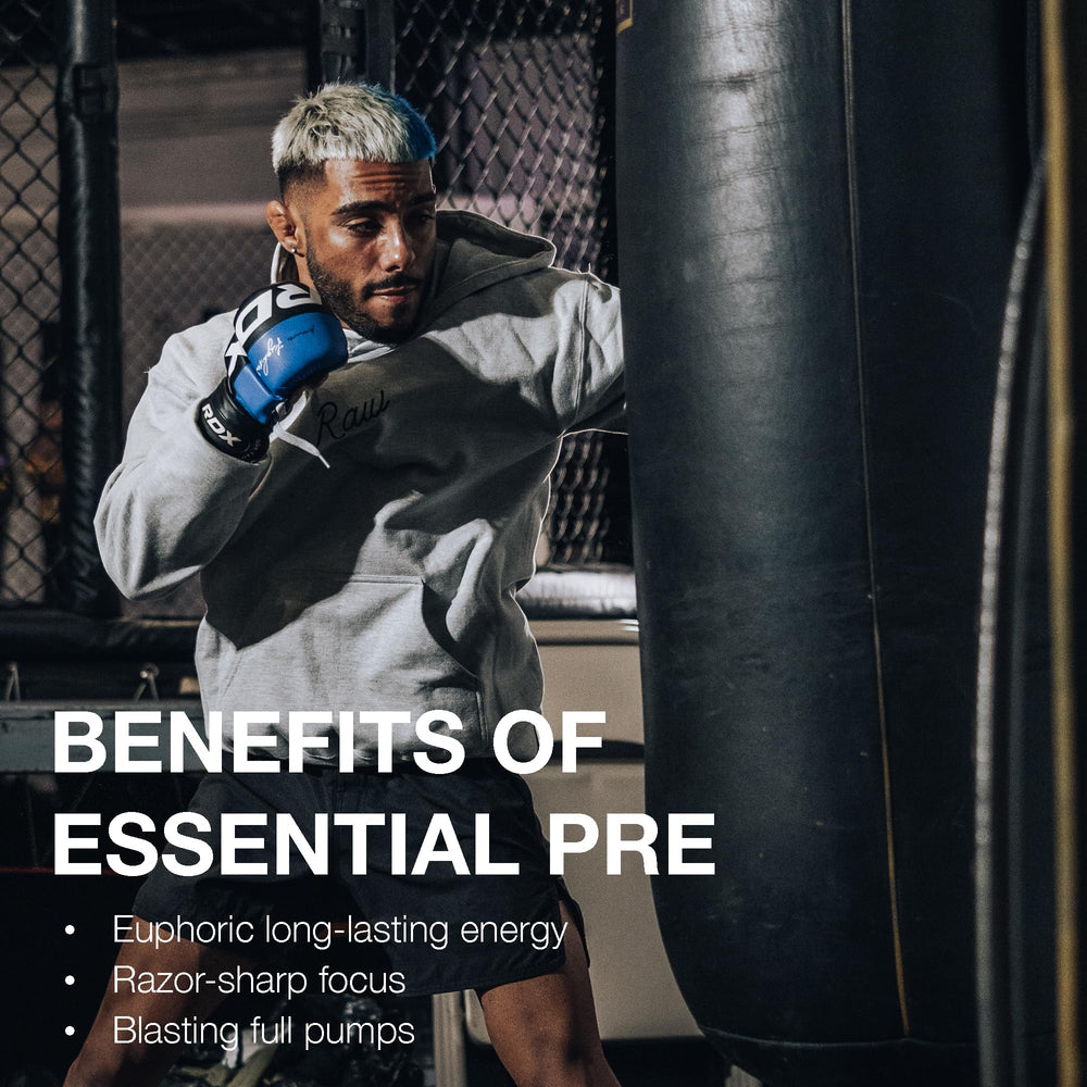 RAW Essential Pre-Workout USA-made label highlighting quality ingredients and no artificial additives
