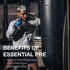 RAW Essential Pre-Workout USA-made label highlighting quality ingredients and no artificial additives