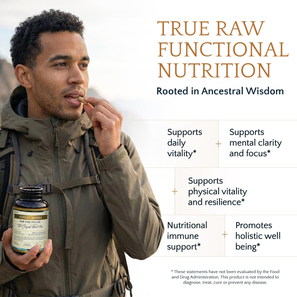 RAW Forest Foods Forest Manna pine pollen close-up, vibrant particles for energy support.