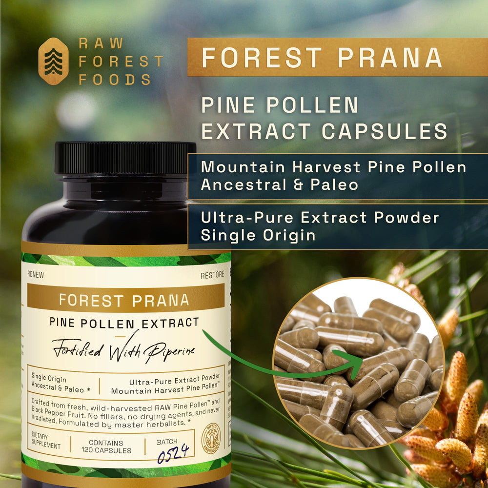 RAW Forest Foods Forest Prana single-origin pine pollen highlighting origin.