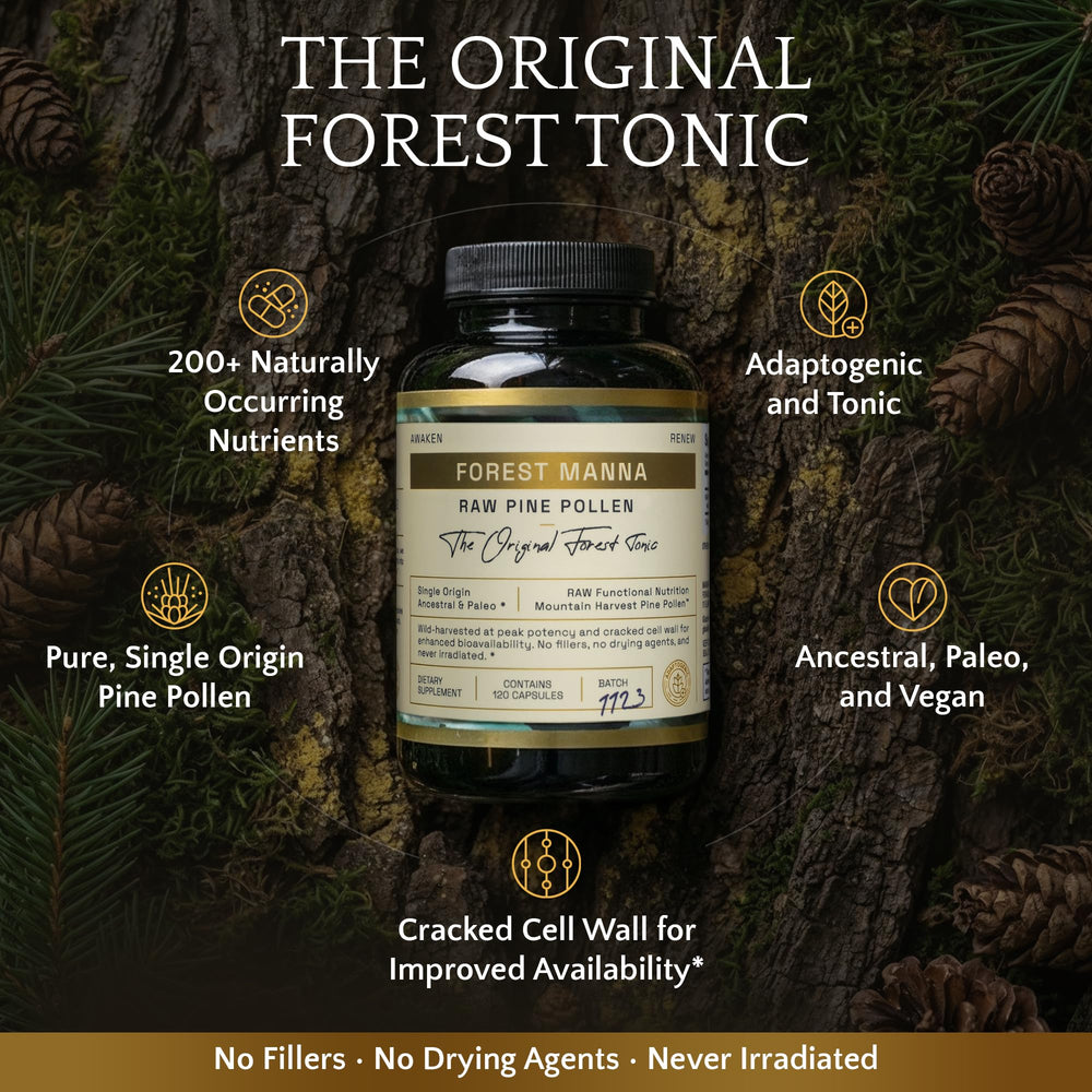 RAW Forest Foods Mountain forest harvest pine pollen image highlighting purity.