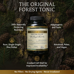 RAW Forest Foods Mountain forest harvest pine pollen image highlighting purity.