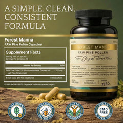 RAW Forest Foods pine pollen nutrients visual emphasizing enhanced bioavailability.
