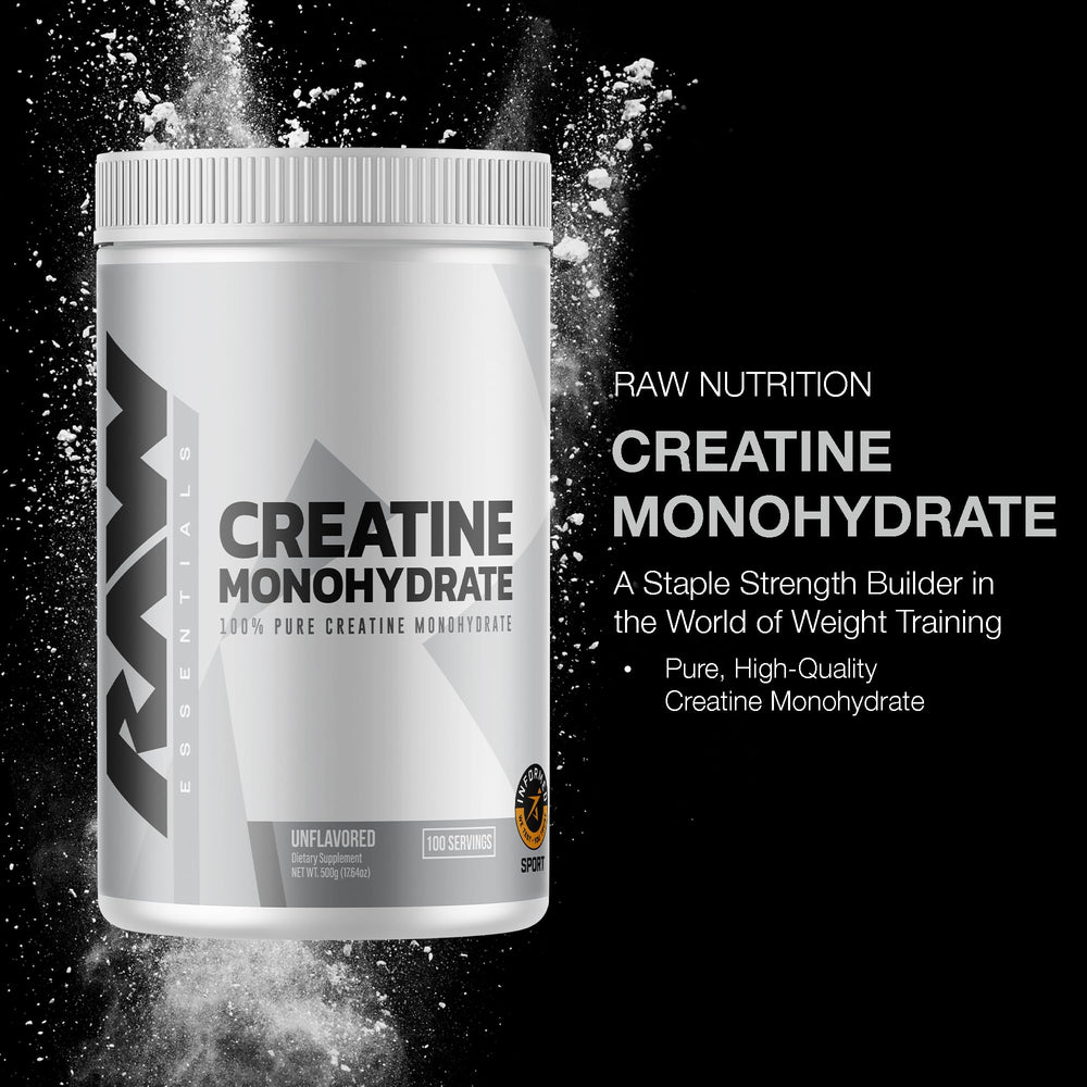 RAW Nutrition creatine monohydrate powder micronized texture for smooth mixing during training.