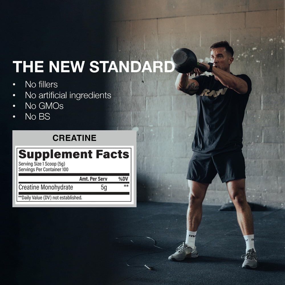 RAW Nutrition creatine monohydrate powder being poured into a shaker for quick supplementation.