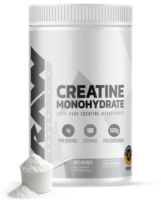 RAW Nutrition creatine monohydrate powder container for gym performance.
