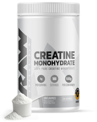 RAW Nutrition creatine monohydrate powder container for gym performance.