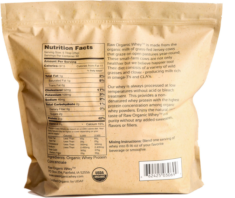 Raw Organic Whey bag highlights grass-fed, organic certification for premium protein