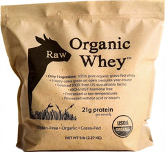 Raw Organic Whey protein powder jar shows a 1-ingredient, unflavored formula for clean shakes