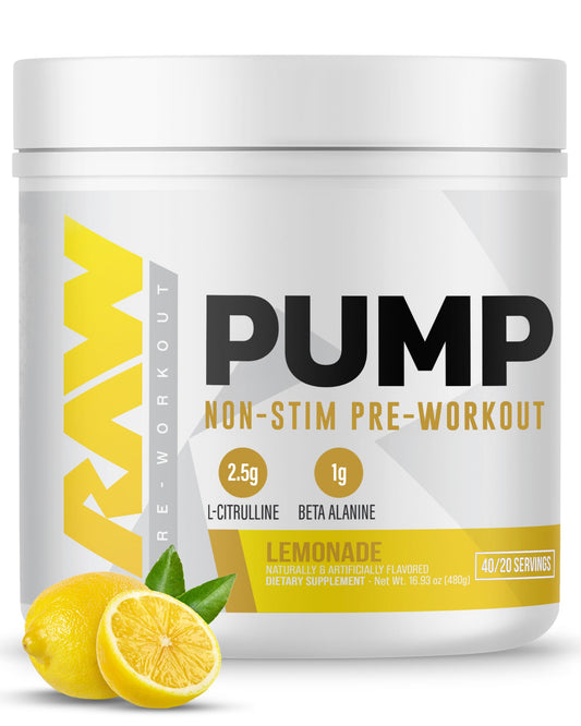 RAW Pump Stim Free Lemonade bottle for caffeine-free evening workouts