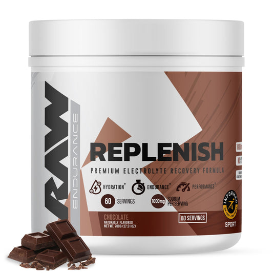 RAW Replenish chocolate powder in tub for easy daily hydration.