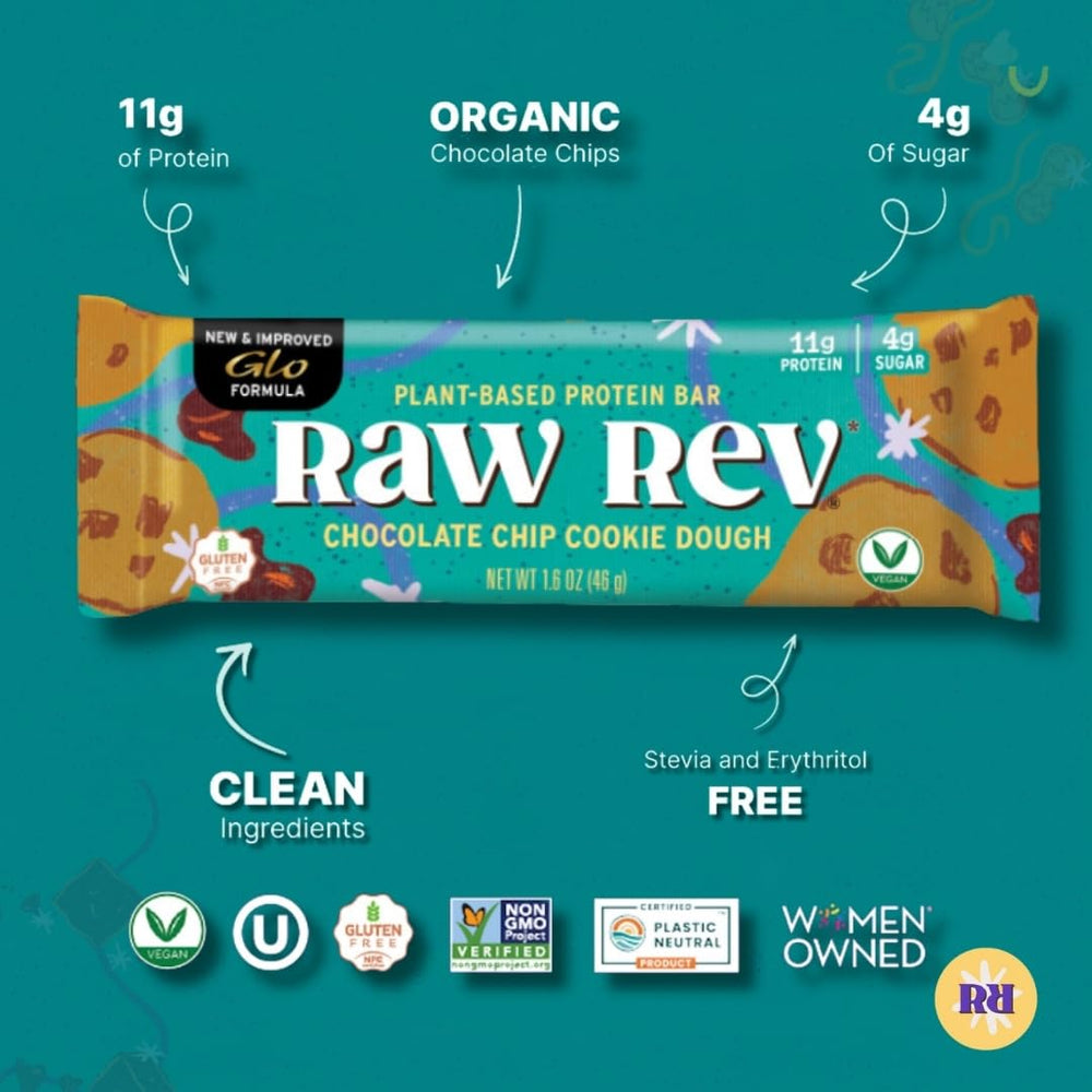 Raw Rev Glo bar on supermarket shelf signals non-GMO and kosher features.