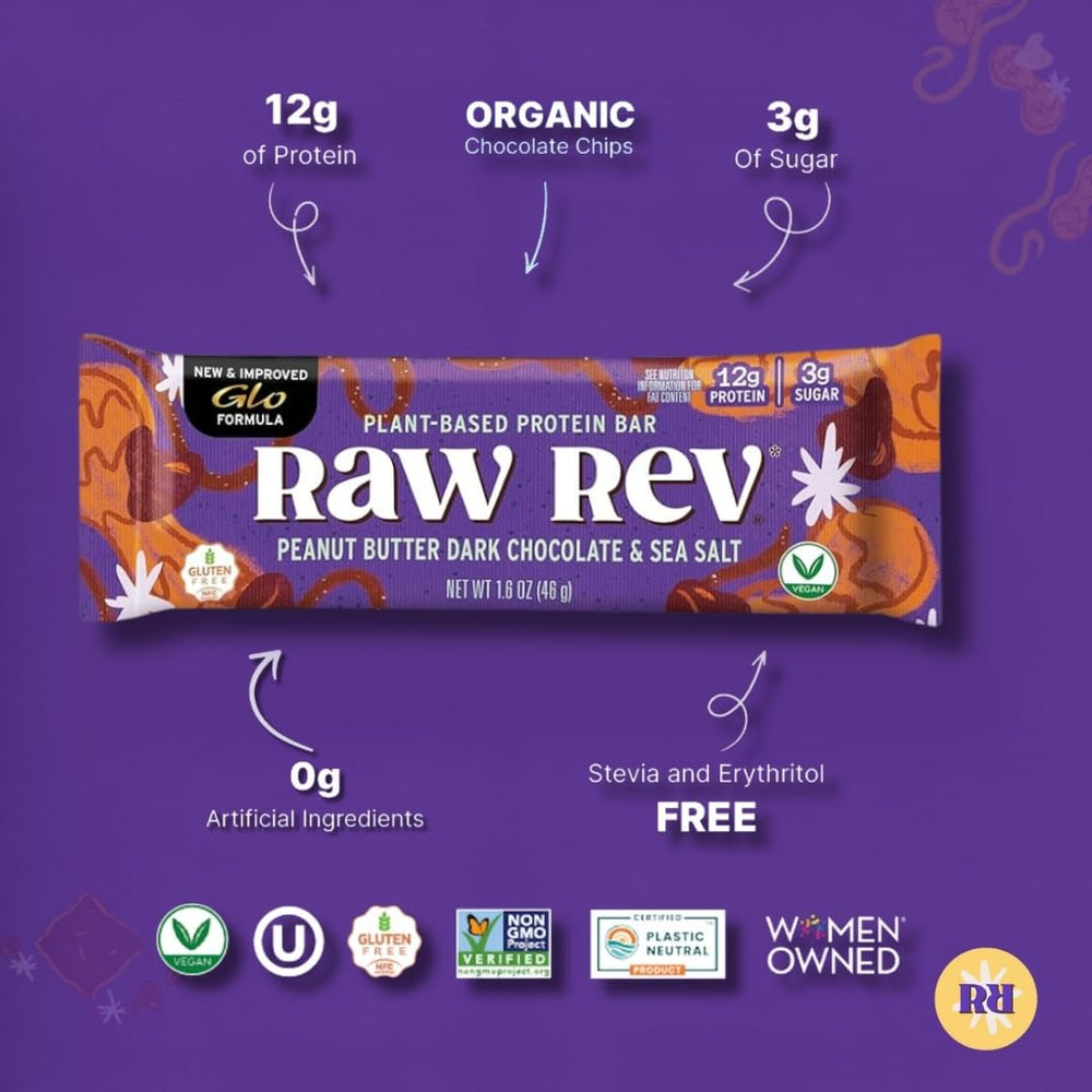 Raw Rev Glo ingredients image highlights real peanuts at the bar's core
