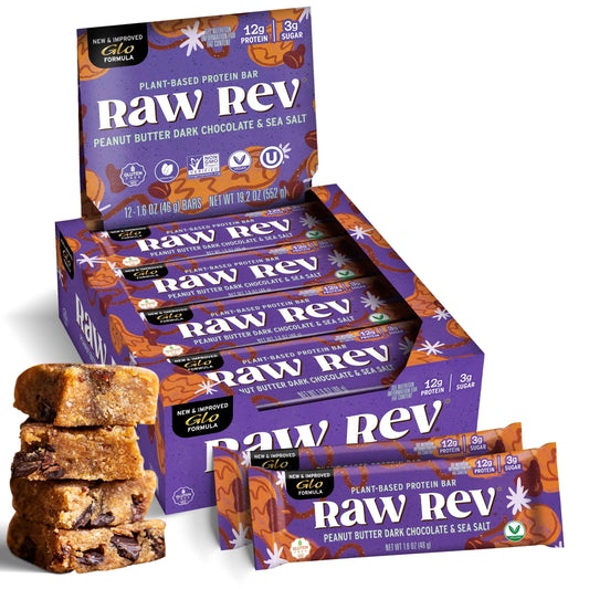 Raw Rev Glo peanut butter dark chocolate bar pack, a convenient protein snack