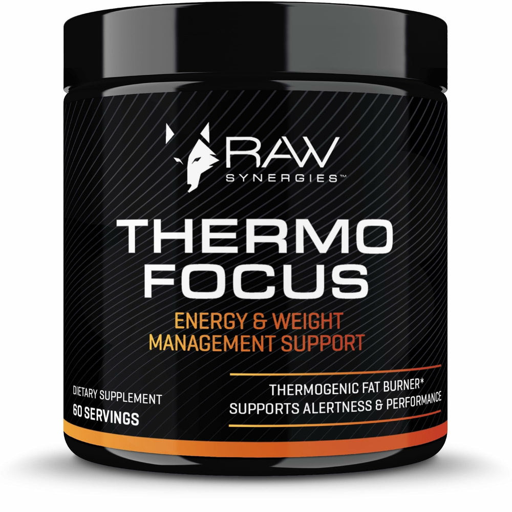 Raw Synergies Thermo Focus bottle label highlights clean energy for focused workouts