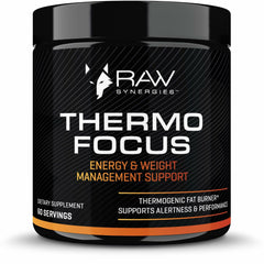 Raw Synergies Thermo Focus bottle label highlights clean energy for focused workouts
