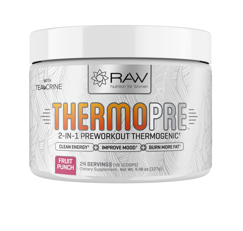 RAW Synergies Thermo Pre front-of-tub image showcases natural energy for workouts.