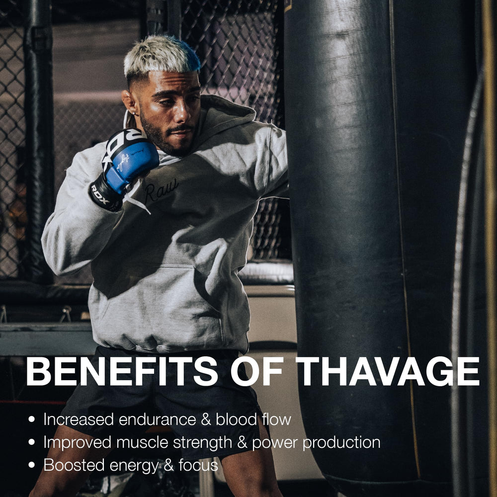 RAW Thavage in gym setting shows athlete powering through a session.