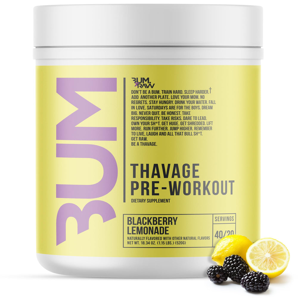 RAW Thavage preworkout tub in blackberry lemonade flavor for energizing workouts