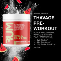 RAW Thavage Sour Watermelon scoop beside tub for quick pre-workout servings.