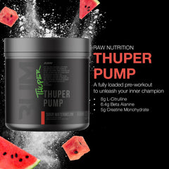 RAW Thuper Pump scoop beside the jar ready for precise pre-workout dosing