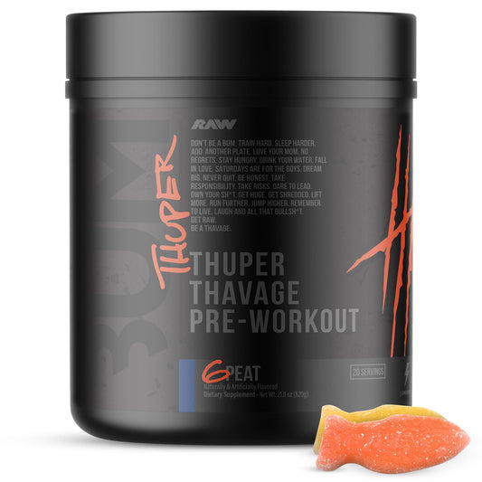RAW Thuper Thavage 6 Peat tub front view for high-stim pre-workout energy and focus.