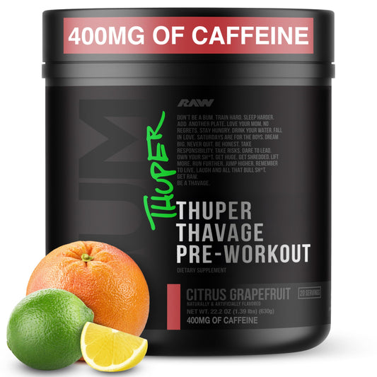 RAW Thuper Thavage Citrus Grapefruit container promotes a refreshing pre-workout flavor for energized sessions.