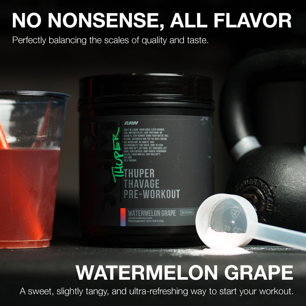 RAW Thuper Thavage Watermelon Grape flavor highlights refreshing taste for pre-workout rituals.