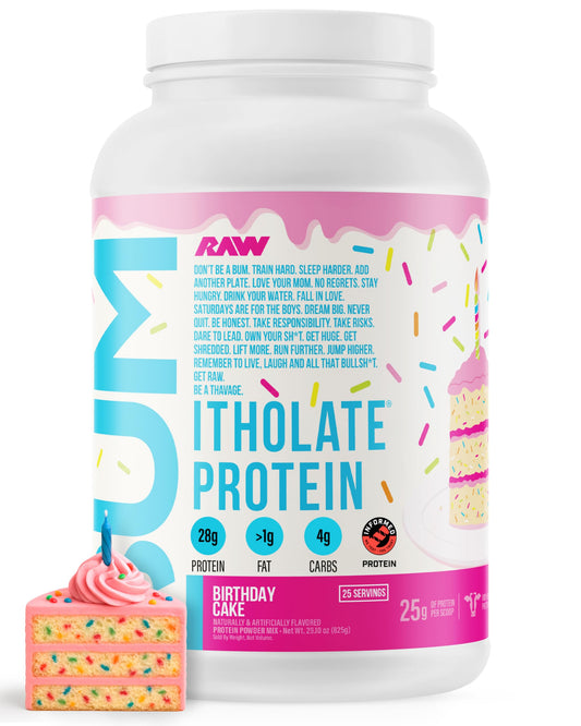 RAW Whey Isolate Birthday Cake bottle on display supporting muscle recovery