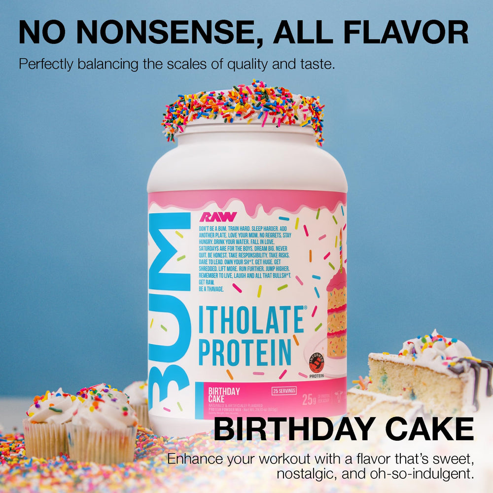 RAW Whey Isolate Birthday Cake scoop in shaker for post-workout shake