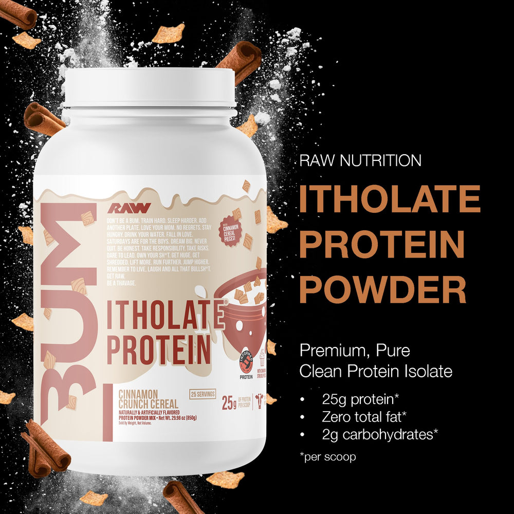 RAW Itholate Protein Cinnamon Crunch tub closeup showing premium powder