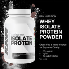 RAW whey isolate Cookies N Cream scoop beside shake for post-workout use