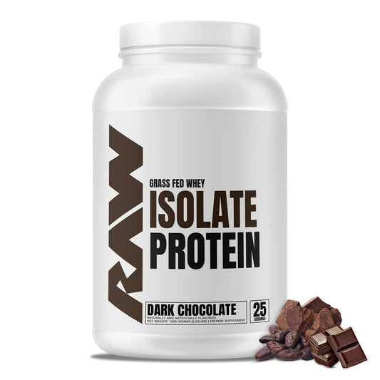 RAW Whey Isolate Dark Chocolate tub showing premium grass-fed protein