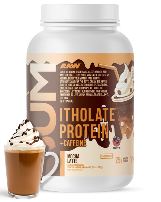 RAW Whey Isolate Mocha Latte bottle highlights premium protein for post-workout fuel.