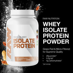 RAW Whey Isolate Peanut Butter scoop reveals convenient protein for post-workout recovery.