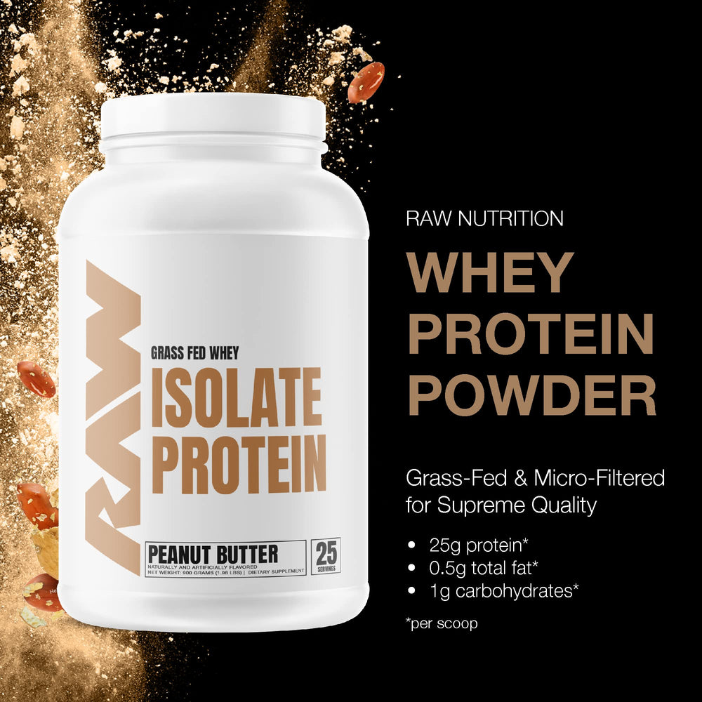 RAW Whey Isolate Peanut Butter shake in glass illustrates creamy texture.