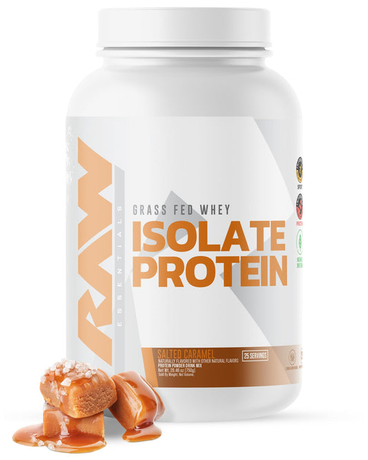 RAW Whey Isolate Salted Caramel bottle shows premium grass-fed protein for muscle support
