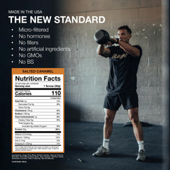 RAW Whey Isolate Salted Caramel dissolved in milk creating a creamy shake