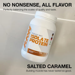 RAW Whey Isolate Salted Caramel scoop highlighting protein portion