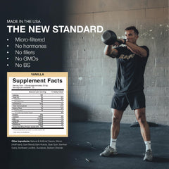 RAW Whey Isolate Vanilla nutrition label conveys clean macro profile.