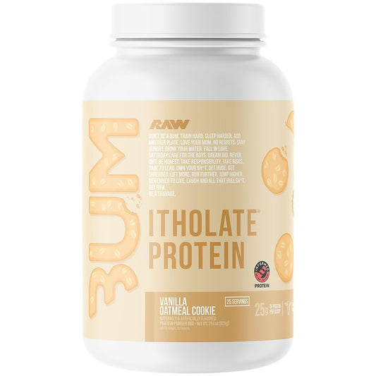 RAW Whey Isolate Vanilla Oatmeal Cookie packaging showcases premium grass-fed protein