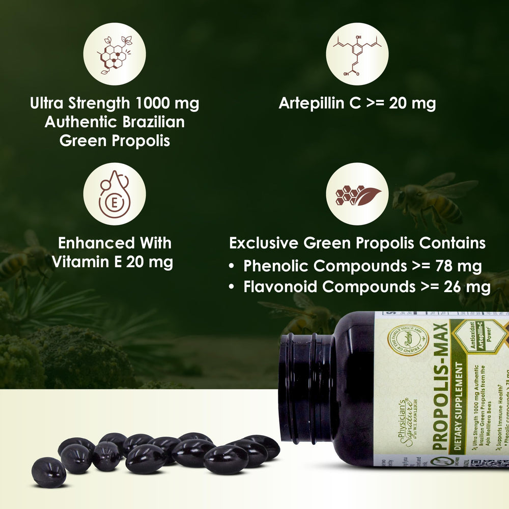 Rawleigh Propolis Max capsules close-up showing easy-to-swallow softgels.